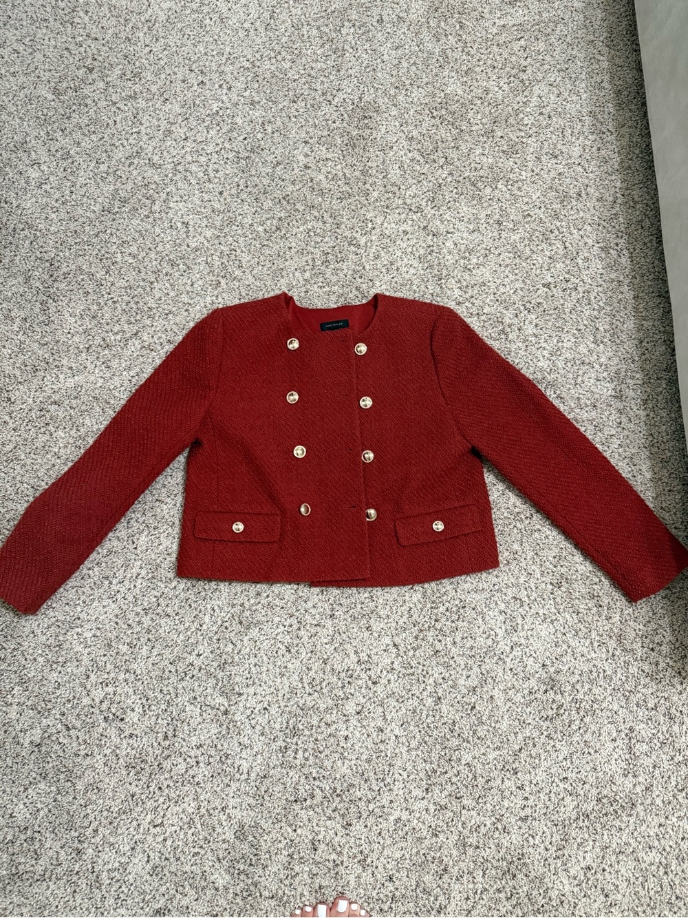 Ann Taylor Cropped Tweed Red Blazer with Gold Buttons